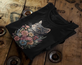 Vintage Floral Cat T-Shirt | Whimsical Cottagecore Tee