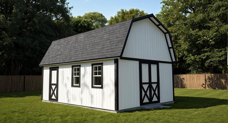 A white barn shed with grey trim. A single door and 2 windows on the side with a double door on the end. Set in a grassy backyard with a fence and landscaping. Great storage solution for any homeowner.