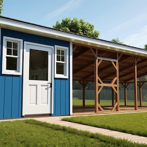 May include: A blue and white wooden shed with a covered, open-air extension. The shed has a white door and windows, and a small nesting box. The extension has a wooden frame and wire mesh sides, set on a green lawn.