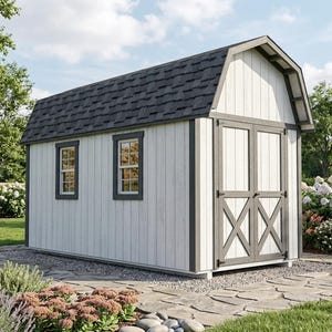 May include: A white wooden storage shed with a dark grey gambrel roof, dark grey trim, and double doors featuring an X-brace design. The structure includes two rectangular windows on the side wall and is built with vertical siding panels.