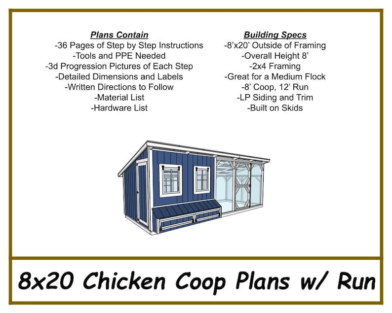 Chicken Coop Plans With Run 8x20 - PDF Download - Etsy