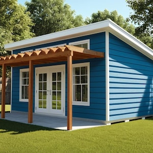 May include: A blue shed with a white roof and trim, featuring a wooden pergola over a concrete patio. The shed has double doors and windows, set against a backdrop of green grass and trees.