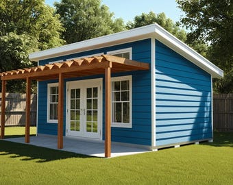 Puede incluir: Un cobertizo azul con techo y molduras blancas, con una pérgola de madera sobre un patio de hormigón. El cobertizo tiene puertas dobles y ventanas, sobre un fondo de hierba verde y árboles.