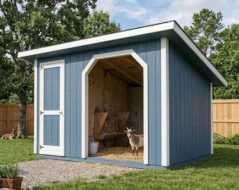 May include: A blue wooden shed with white trim, featuring a single door and a large open entrance. Inside, the structure has a wooden interior, a hay feeder, and a small goat standing on a straw-covered floor. The shed has a slanted roof design.