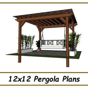 May include: A 12x12 foot pergola plan with a swing hanging from the roof. The pergola is made of wood and has a lattice roof. The swing is white and has a wooden frame. There are plants in pots on either side of the pergola.