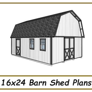 May include: A line drawing of a 16x24 barn shed plan. The shed has a gable roof, two windows, and a double door. The shed is white with black trim.