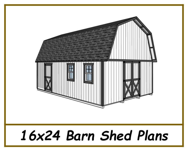 May include: A line drawing of a 16x24 barn shed plan. The shed has a gable roof, two windows, and a double door. The shed is white with black trim.