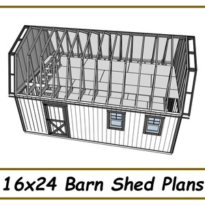 May include: Line drawing of a 16x24 barn shed plan with a gabled roof and two windows. The shed has a door on the side and a loft area.