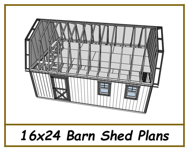 May include: Line drawing of a 16x24 barn shed plan with a gabled roof and two windows. The shed has a door on the side and a loft area.