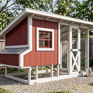 May include: A red and white chicken coop featuring a slanted roof, a single window with a red frame, and an attached wire mesh run. The structure is elevated on a white frame and includes a side door with a cross-brace design and a metal roof section.