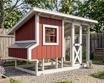 May include: A red and white chicken coop featuring a slanted roof, a single window with a red frame, and an attached wire mesh run. The structure is elevated on a white frame and includes a side door with a cross-brace design and a metal roof section.