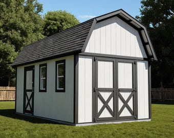 May include: A white barn-style shed with black trim, a gambrel roof, and double doors featuring an X-pattern. The structure includes a single side door with an X-pattern and two rectangular windows on the side wall, all framed in black.