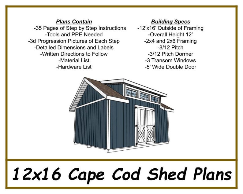 DIY Cape Cod Shed Plans 12x16 - PDF Download - Etsy