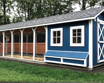 May include: A blue and white chicken coop with a gray roof. The coop has a covered run with wooden and wire mesh sides. The coop has two windows and a door with an X design. The coop is on a green lawn.