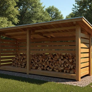 May include: A rectangular wooden firewood shed with a slanted roof, horizontal slat walls, and an open front. The structure is filled with stacked, split logs and sits on a gravel base, featuring a natural light brown wood finish throughout.