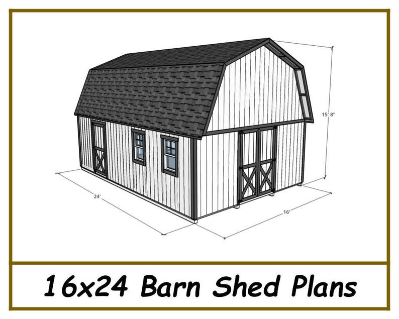 May include: Line drawing of a 16x24 barn shed plan with a gable roof. The shed has two windows and a double door. The dimensions are labeled in feet.