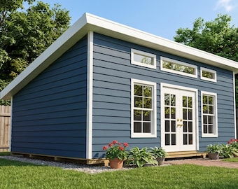May include: A blue shed with horizontal siding, a slanted roof, and white trim. The structure features a set of double glass doors, two tall rectangular windows, and three smaller horizontal windows above the doors, with potted plants at the base.