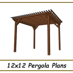 May include: A 12x12 foot pergola plan, a 3D rendering of a wooden pergola with a slatted roof.