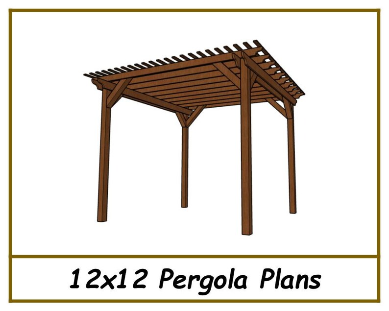May include: A 12x12 foot pergola plan, a 3D rendering of a wooden pergola with a slatted roof.