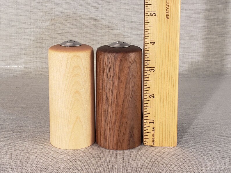 Straight Walnut and Maple Wooden Salt and Pepper Shakers, 3-3/4 tall image 9