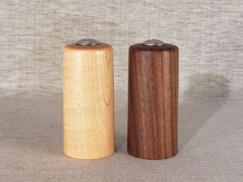Straight Walnut and Maple Wooden Salt and Pepper Shakers, 3-3/4 tall image 4