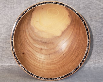 11-1/4" Siberian Elm Wooden Salad Bowl with Mussel Shell Inlay  (B220)