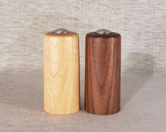 Straight Walnut and Maple Wooden Salt and Pepper Shakers,  3-3/4" tall