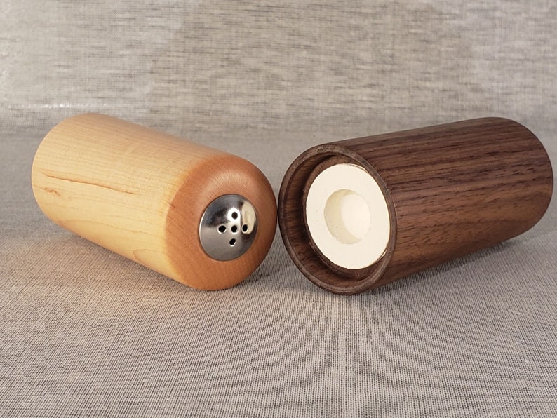 Straight Walnut and Maple Wooden Salt and Pepper Shakers, 3-3/4 tall image 5