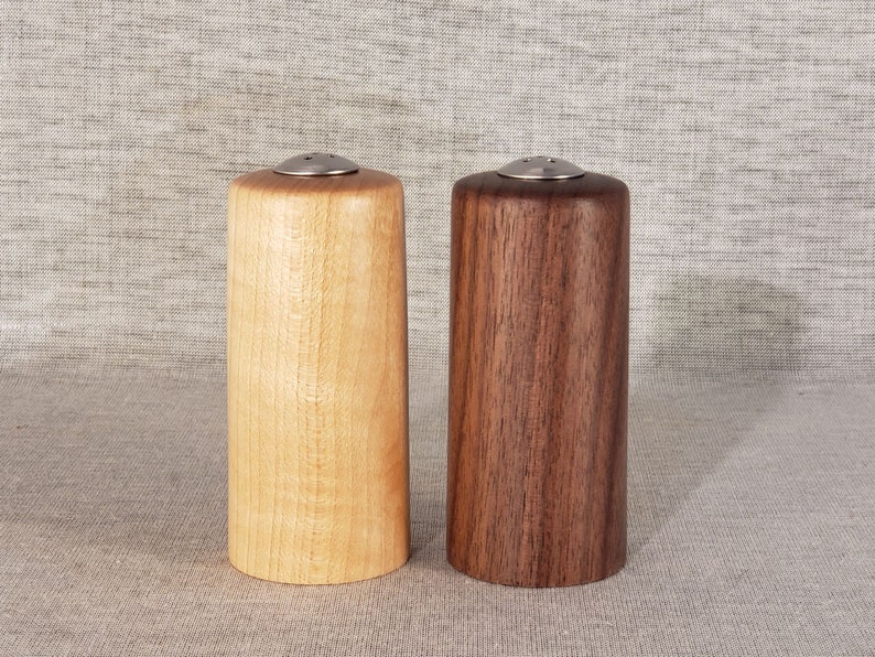 Straight Walnut and Maple Wooden Salt and Pepper Shakers, 3-3/4 tall image 2