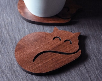 x1 Individual Cat Coasters - Wooden Cat Coaster - Sleepy Cat. Perfect for Cat lovers. Ideal gift for Cat obsessive. Sleepy Cat Coaster.