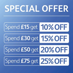 May include: A blue gradient graphic with the words "SPECIAL OFFER" in white. Below, four white rectangles display spending tiers: Spend &pound;15 get 10% OFF, Spend &pound;30 get 15% OFF, Spend &pound;50 get 20% OFF, and Spend &pound;75 get 25% OFF.
