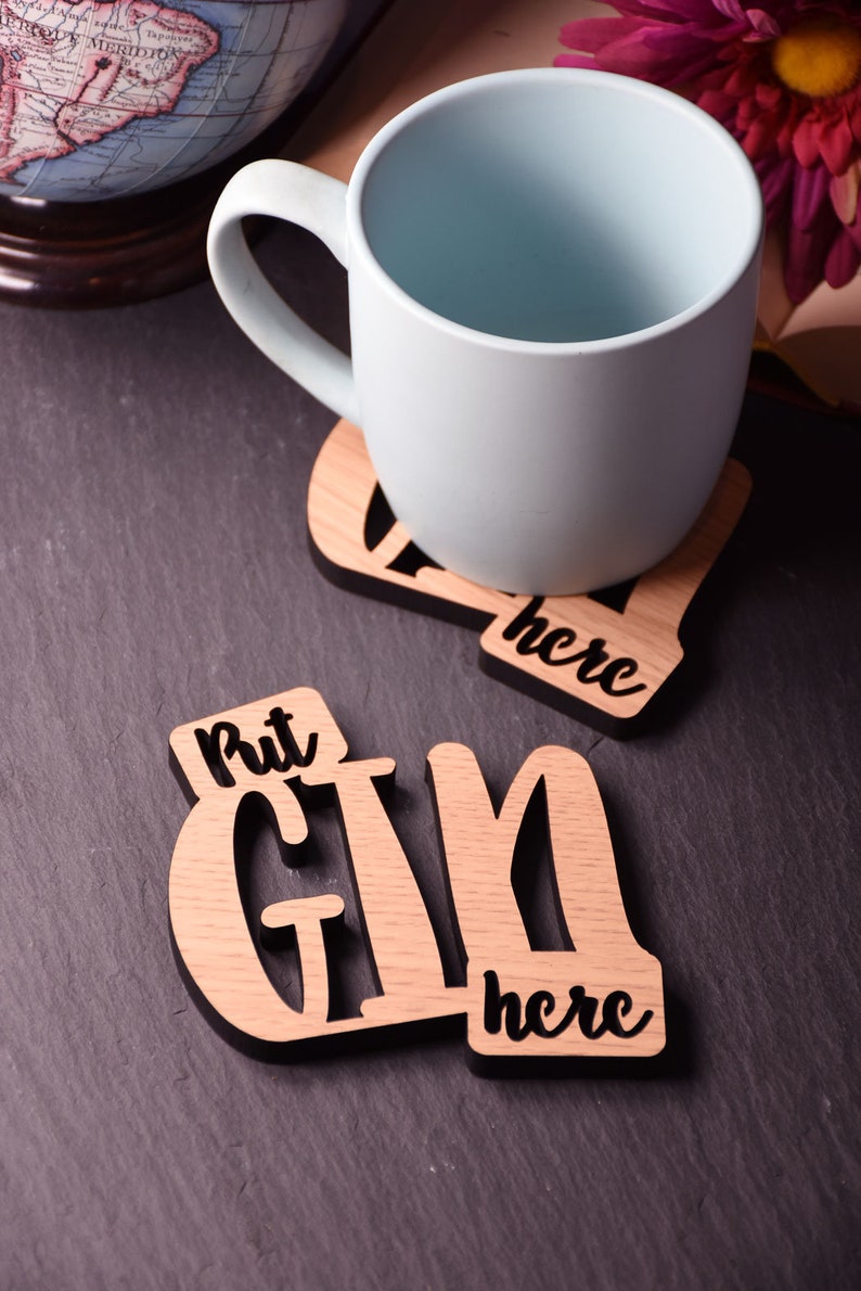 x1 Individual Gin Coasters Wooden Gin Coaster Put Gin Here. Perfect for a Gin lover. Ideal gift for Gin obsessives. image 1