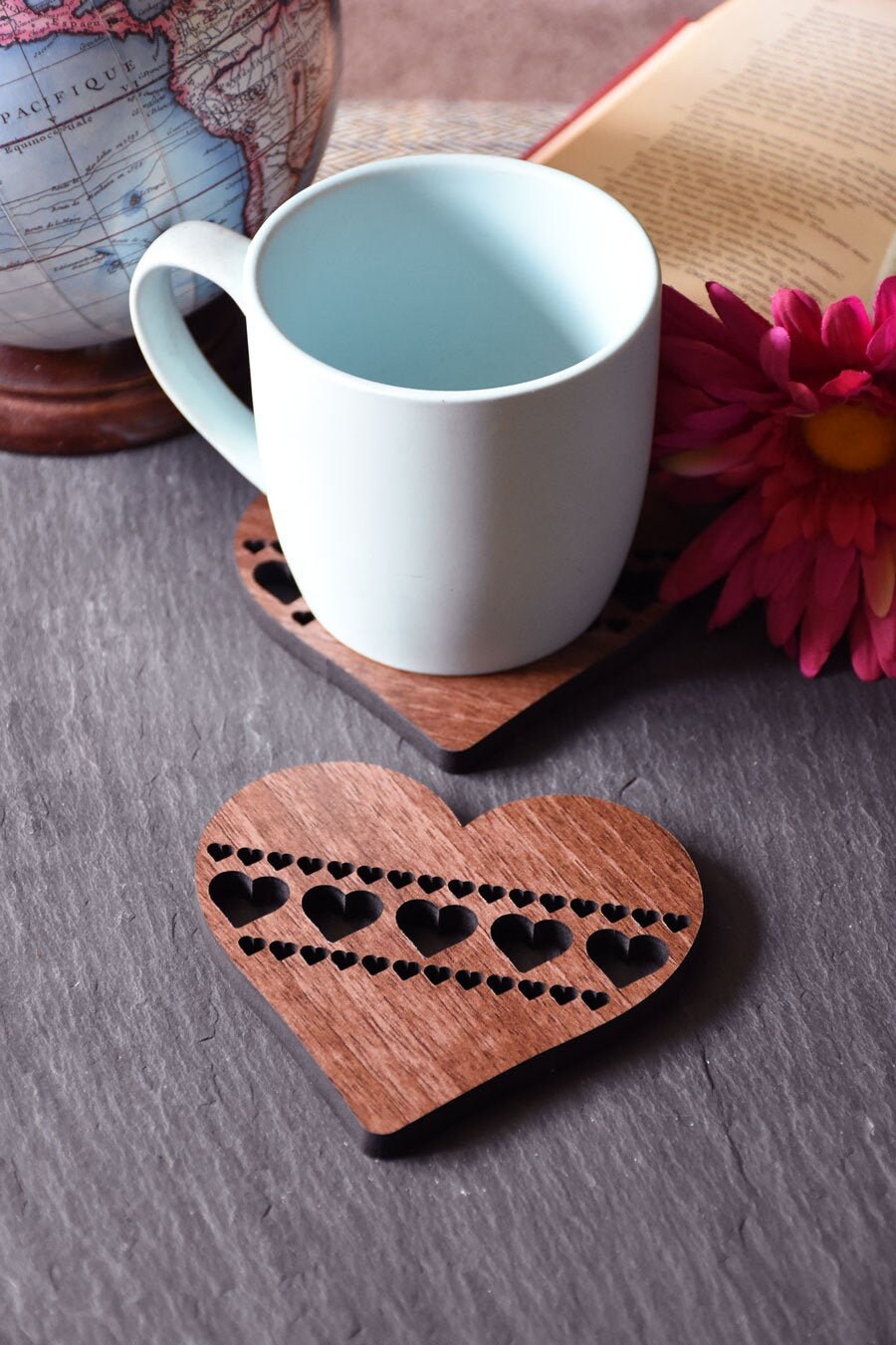 x1 Individual Love Heart Coaster - Wooden Heart Coaster. Perfect for lovers. For a special friend. Love Heart pattern. Love heart outlines