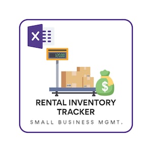 Può includere: Un'illustrazione di un programma di foglio di calcolo con una bilancia, scatole e un sacco di soldi. Il testo recita "Rental Inventory Tracker" e "Small Business Mgmt."