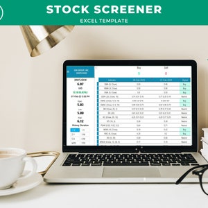 Könnte beinhalten: Der Bildschirm eines Laptops zeigt eine Aktien-Screening-Tabelle mit einem grün-blauen Farbschema. Die Tabelle zeigt das Aktienkürzel "DHK" mit einem aktuellen Kurs von 6,07 und einer Veränderung von 0,18 %. Die Tabelle zeigt auch verschiedene technische Indikatoren wie gleitende Durchschnitte, MACD und RSI.