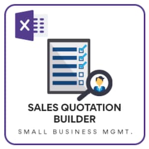 Op de afbeelding: Een paars en wit Microsoft Excel-pictogram met een checklist en een vergrootglas met een persoon erin. De tekst luidt "Sales Quotation Builder" en "Small Business Mgmt."