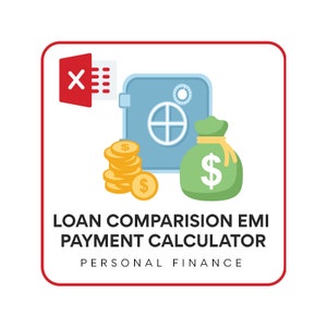 Peut inclure: Une icône Excel rouge et blanche, un coffre-fort bleu, un sac d'argent vert avec un signe dollar et une pile de pièces d'or avec des signes dollar. Le texte indique "Loan Comparision EMI Payment Calculator Personal Finance".
