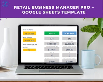 Può includere: Un computer portatile che mostra un modello di foglio di calcolo Google per un responsabile di un'azienda di vendita al dettaglio. Il modello include sezioni per i dati di vendita e di acquisto, con campi per la quantità di vendita, l'importo della vendita, la quantità di acquisto, l'importo dell'acquisto, l'IVA di vendita e l'IVA di acquisto. Il modello include anche campi per l'inserimento delle date di inizio e di fine, e un pulsante di aggiornamento.
