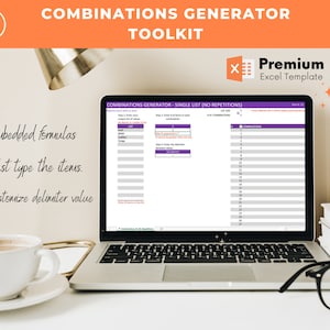 May include: A laptop computer displaying an Excel spreadsheet with the title "Combinations Generator - Single List (No Repetitions)". The spreadsheet is designed to help users generate combinations of items from a list, with options to customize the delimiter value. The laptop is on a desk with a cup of coffee and a pair of glasses.