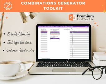 May include: A laptop computer displaying an Excel spreadsheet with the title "Combinations Generator - Single List (No Repetitions)". The spreadsheet is designed to help users generate combinations of items from a list, with options to customize the delimiter value. The laptop is on a desk with a cup of coffee and a pair of glasses.