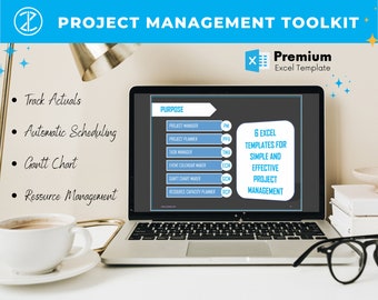 May include: A laptop computer displaying a project management toolkit with 6 Excel templates for simple and effective project management. The toolkit includes project manager, project planner, task manager, event calendar maker, Gantt chart maker, and resource capacity planner. The laptop is on a white desk with a cup of coffee and a pair of glasses.