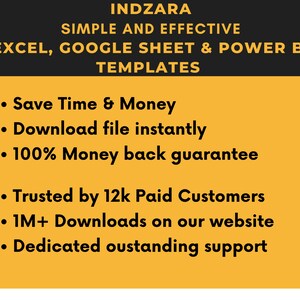 Pu&ograve; includere: Testo giallo e nero su sfondo giallo. Il testo recita "INDZARA" "SEMPLICE ED EFFICACE" "EXCEL, GOOGLE SHEET & POWER BI MODELLI" "Risparmia tempo e denaro" "Scarica il file istantaneamente" "Garanzia di rimborso del 100%" "Fidato da 12.000 clienti paganti" "Oltre 1 milione di download sul nostro sito web" "Supporto eccezionale dedicato"