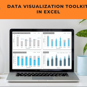 以下が含まれることがあります： Excelでデータの視覚化ツールキットを表示しているラップトップコンピューターの画面。画面には、4つの異なるグラフが表示されています。柱状グラフ、柱状グラフ内の柱状グラフ、垂直コンテナフィラーグラフ、バレットグラフです。グラフはすべて青とグレーの色です。
