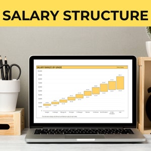 May include: A laptop computer displaying a bar graph titled "Salary Ranges by Grade". The graph shows salary ranges for different job titles, from Analyst to CEO. The laptop is on a white desk with a wooden box, a potted plant, and a clock.