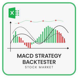Puede incluir: Un icono de Excel verde y blanco con un gráfico que muestra un gráfico de barras verde y rojo, un gráfico de línea negro y un gráfico de línea verde claro. El texto debajo del gráfico dice "ESTRATEGIA MACD BACKTESTER MERCADO DE ACCIONES".