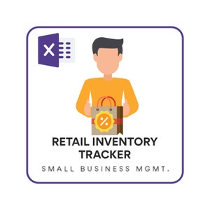 Può includere: Un'icona di foglio di calcolo Excel viola e bianco, un personaggio dei cartoni animati che tiene un sacchetto della spesa marrone con un'etichetta di sconto rossa, e il testo "RETAIL INVENTORY TRACKER SMALL BUSINESS MGMT."