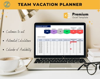 May include: A laptop computer screen displaying a spreadsheet with the title "Team Vacation Planner" and a summary report of total days, holidays, weekends, working days, understaffed days, and percentage of days understaffed. The spreadsheet is a premium Excel template.