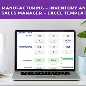 May include: A laptop computer displaying a spreadsheet with the title "Manufacturing - Inventory and Sales Manager - Excel Template". The spreadsheet shows the current status of product inventory, raw materials, accounts receivable, and accounts payable.