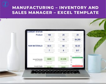 May include: A laptop computer displaying a spreadsheet with the title "Manufacturing - Inventory and Sales Manager - Excel Template". The spreadsheet shows current status of product inventory, raw materials, accounts receivable, and accounts payable.