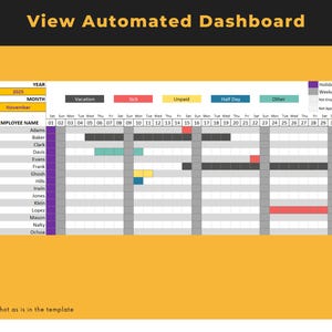 Pu&ograve; includere: Una vista del calendario che mostra le vacanze, la malattia, il periodo di ferie non retribuito, la mezza giornata e altri giorni liberi dei dipendenti per il mese di novembre 2025. Il calendario &egrave; codificato a colori per mostrare i diversi tipi di giorni liberi.